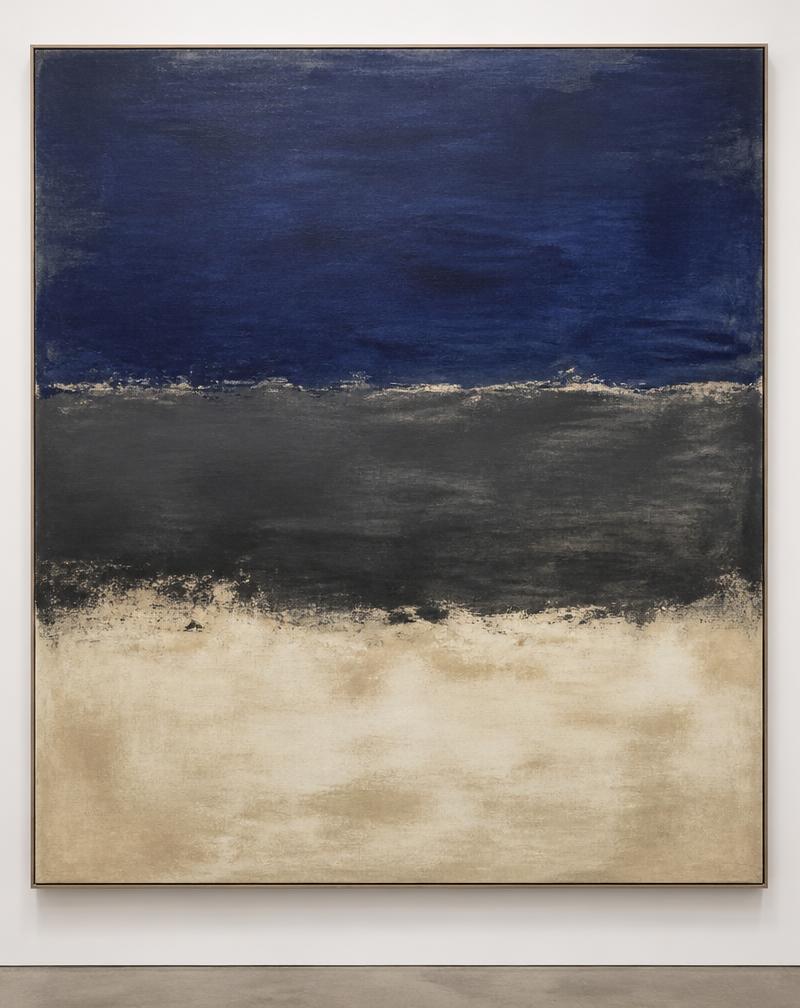 A large abstract oil painting with deep indigo and charcoal textures on linen